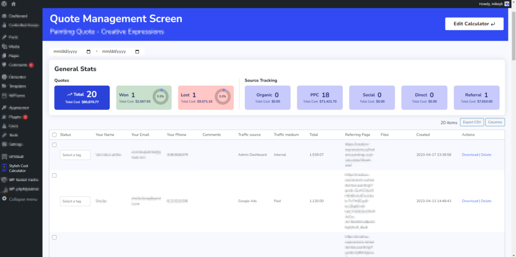quote management screen