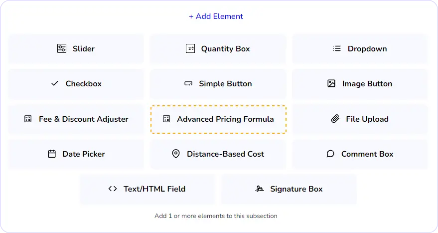 Advanced Pricing Formula element add Element